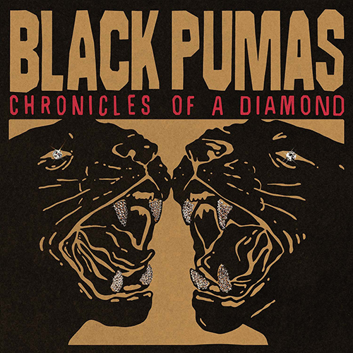 Image: Album cover of Black Pumas' "Chronicles of a Diamond". Cover shows illustration of two black pumas facing each other and yelling on a burnt gold background. Text reads "Black Pumas, Chronicles of a diamond".