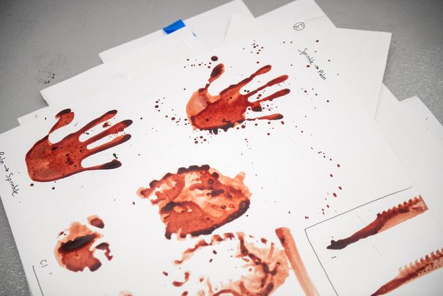Photo: A paper showing various blood-like handprints and splatters is shown.