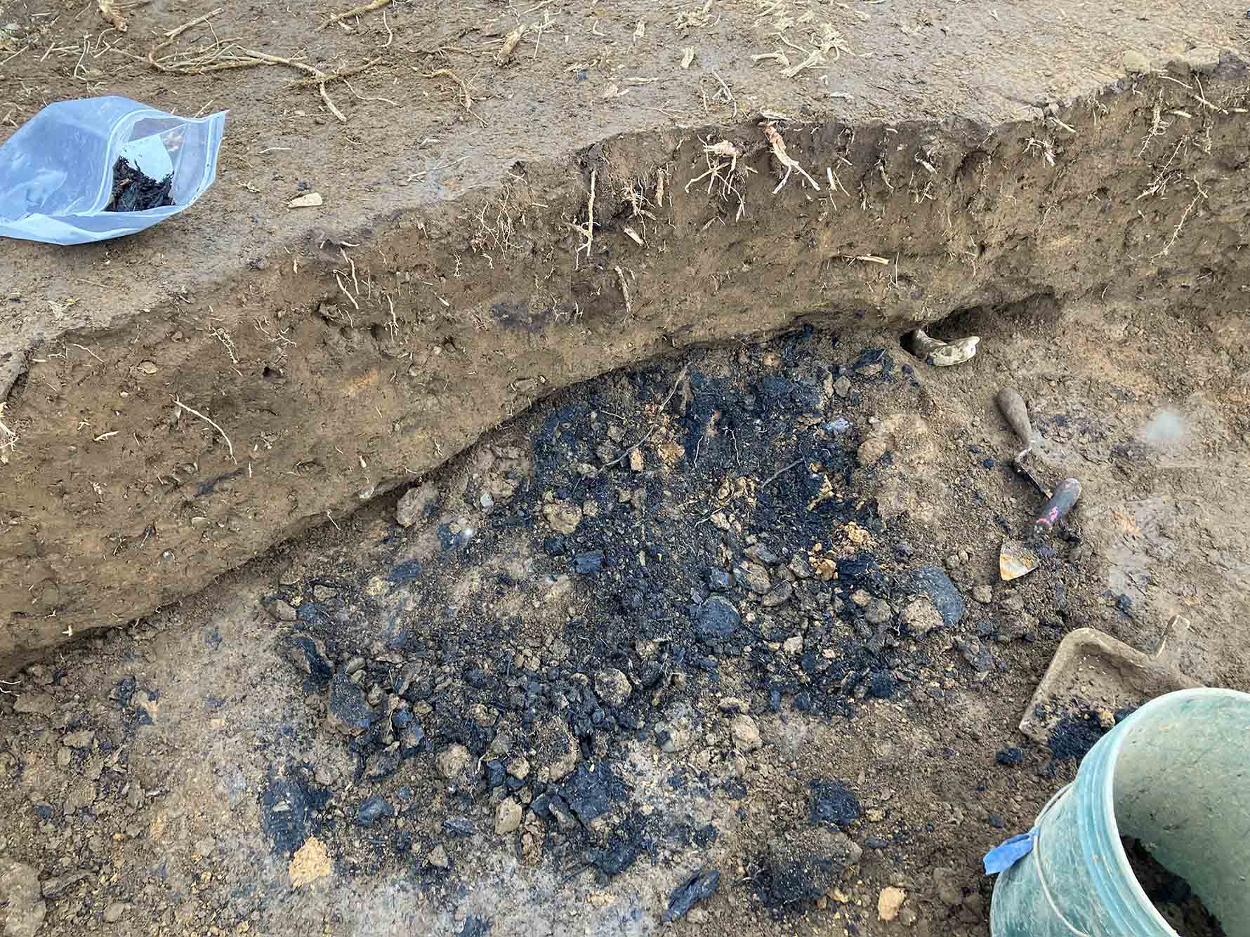 Photo: A large dirt hole shows charred pieces inside it.