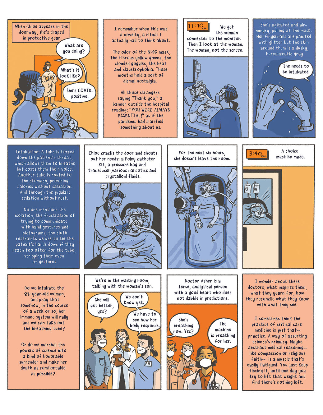 Image: Comic book page depicts an older 92-year old woman being admitted to a hospital after getting COVID. It depicts the struggle the workers have in choosing the right care for her and how they struggle to relay that information to relatives.