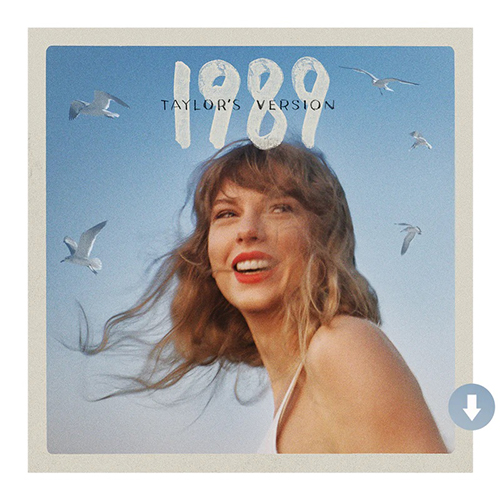Image: Album cover of Taylor Swift's "1989 (Taylor’s Version)". Taylor Swift, a young white woman with short blonde hair, smiles and looks off into the distance. She smiles on a sunny day as the date "1989" is shown above her head in white text.