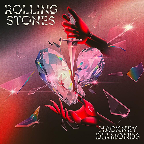 Image: Album cover of The Rolling Stones' "Hackney Diamonds". Image shows an abstract image of a hand putting a knife into a diamond heart.