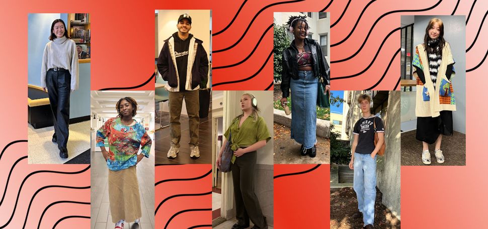 Composite image: A red gradient background with black squiggly lines highlights seven photos of BU students with fashionable outfits. The seven photos are placed in a zig-zag pattern across the image.