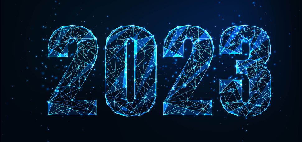 Image: A Modern wire frame mesh design vector illustration of the year "2023". Numbers are depicted with glowing neon blue low polygonal digits on dark blue background.