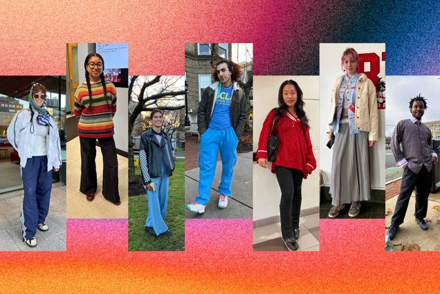Composite image: Multiple college students of various demographics wearing stylish outfits on campus. Their images are overlayed on a background that is orange and blue with a gradient swoosh.