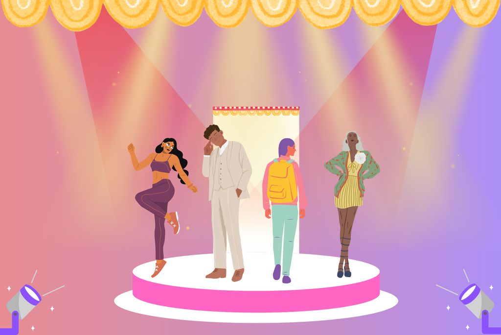 Illustration: Vector image of college students standing on a fashion show runway, showing off their outfits.