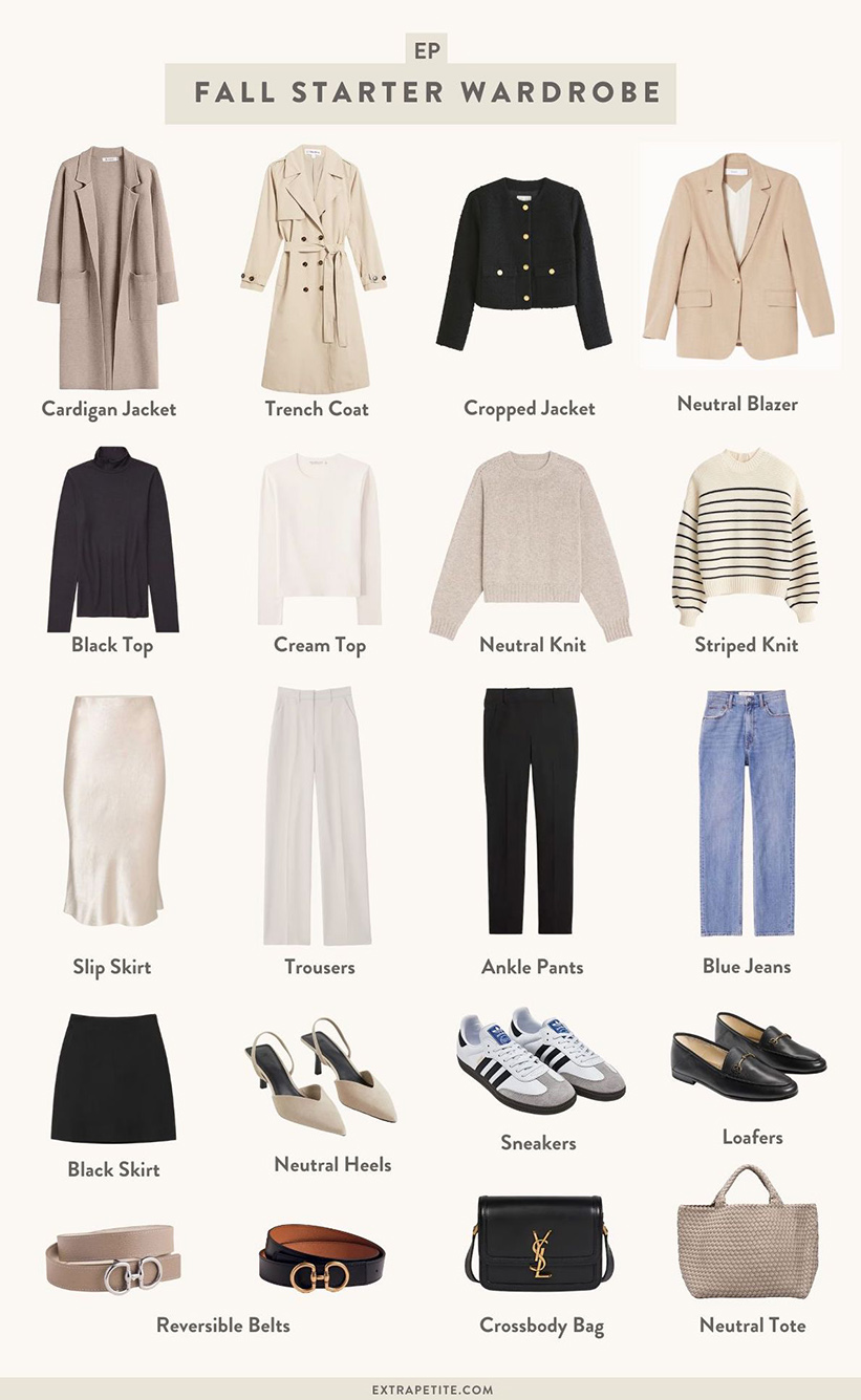 Photo: Screenshot of a sample capsule wardrobe that is offered by the Extra Petite brand. Screenshot shows various clothes items and shows displayed in rows and columns on a tan background.