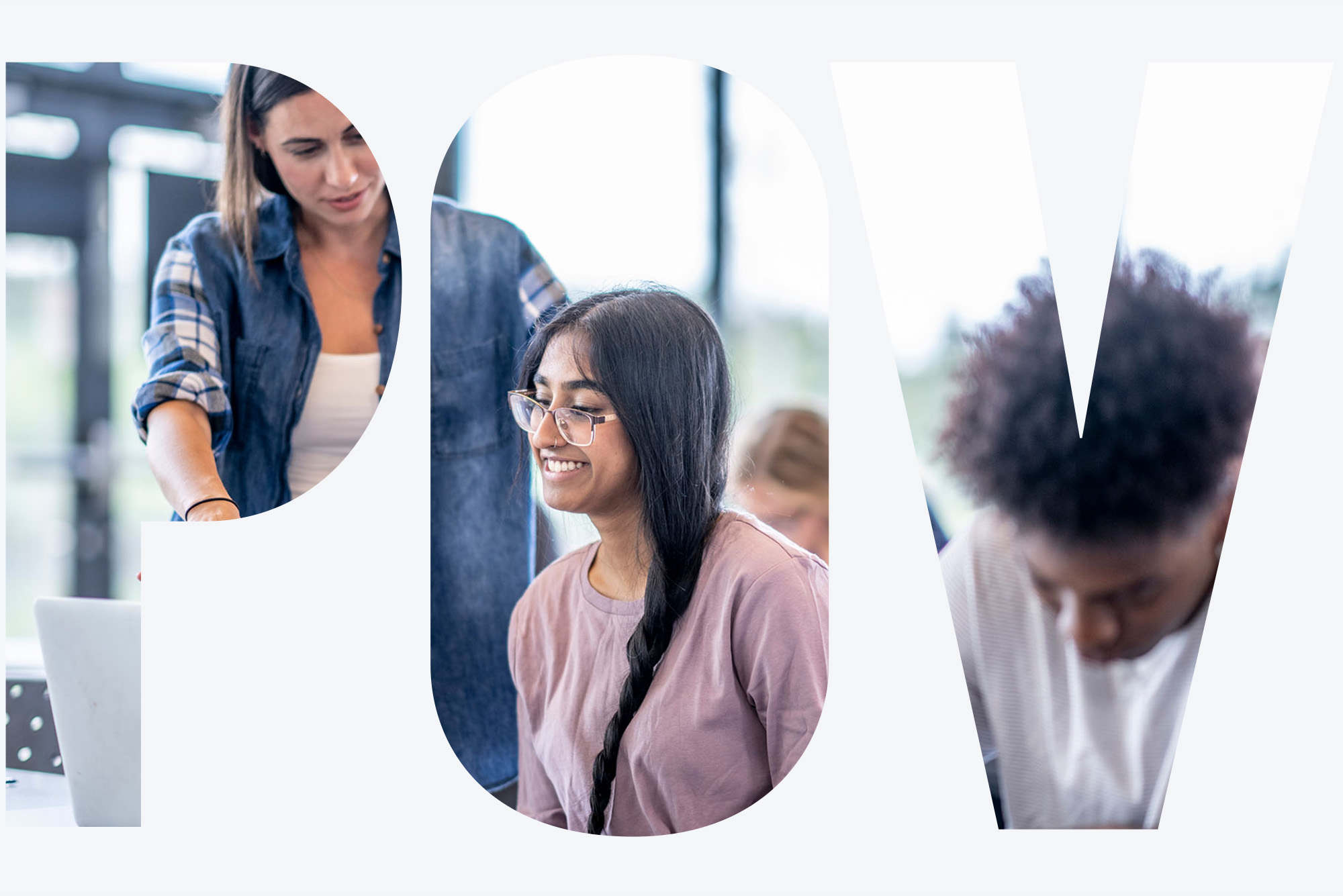 Photo: A woman with a braid sitting in front of a laptop in an office environment discusses something with a woman standing next to her. In the foreground a man with dark hair is studying, writing on a piece of paper. Text overlay on the image reads "POV"
