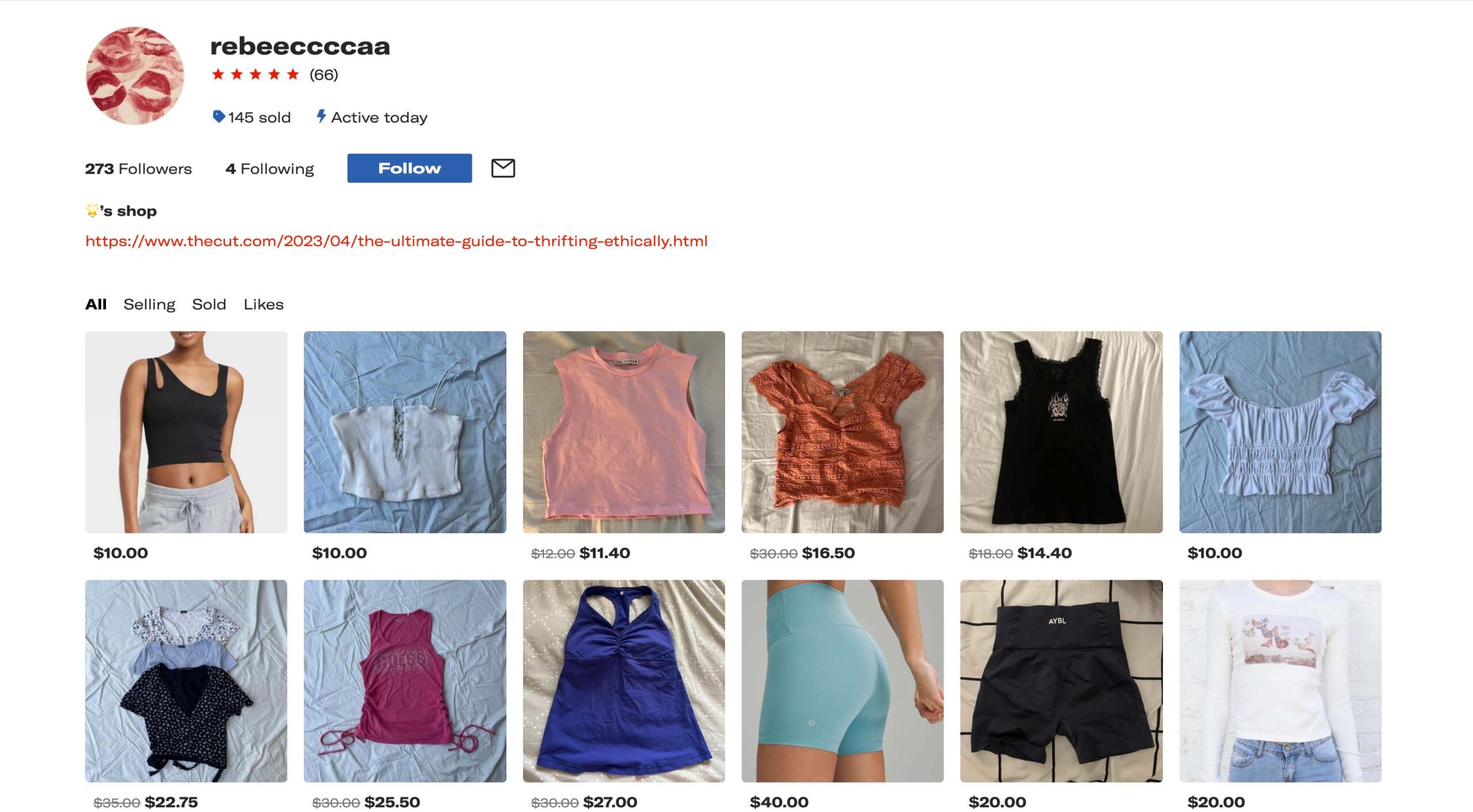 Photo: A Depop store page for an account called "rabeeccccaa". There are various items of women's clothing for sale between $5 and $100