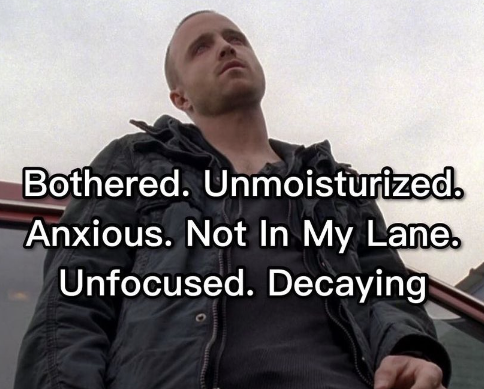 This is a photo of a man in a black jacket leaning up against a red car, looking off into the distance. There is text over the screen that says "Bothered. Unmoisturized. Anxious. Not in my lane. Unfocused. Decaying.