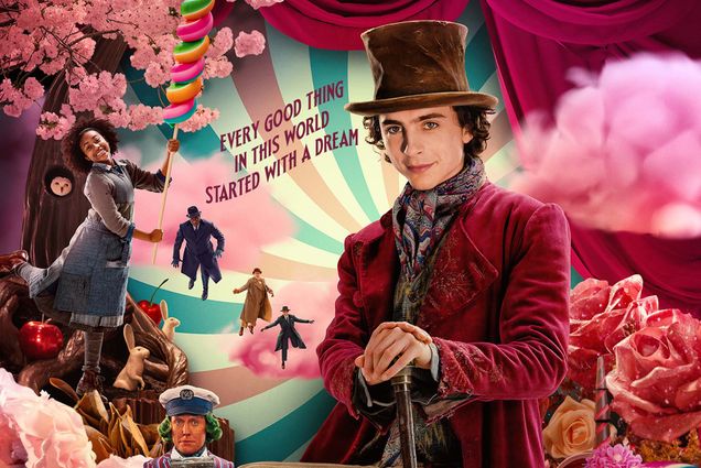Movie Poster for "Wonka" a new film starring Timothee Chalamet as Willy Wonka. Here he is depicted in a colorful suit and tophat in front of other characters from the movie, like Oompa Loompas. Text reads "Wonka", "Timothee Chalamet", "Gobble it up, only in theaters December 13th", and "Every good thing in this world started with a dream"