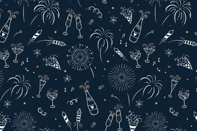 Image: A patterned GIF of New Years Eve doodles with different color overlays.