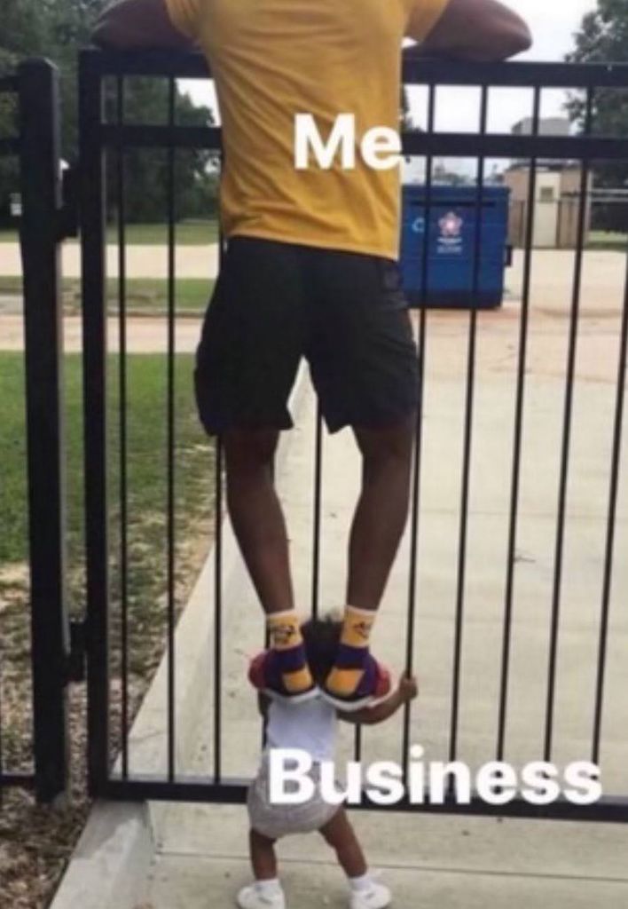 This photo is of a grown man standing on a babies shoulders, attempting to get over a fence. The man is labelled "me" and the baby is labelled "business".