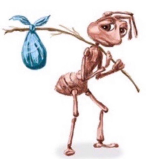 Photo from Antz movie. It is a sad looking cartoon ant that is holding a sack full of stuff on his shoulder, that is hanging off of a stick