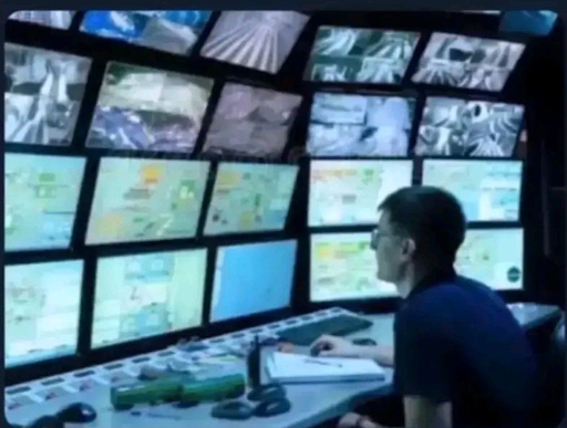 This is a photo of a man looking at a wall full of computer monitor screens.