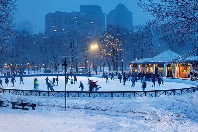 Photo: A shot at dusk of the skate rink in Frog Park. There is snow on the ground, blurry shots of people skating, and twinkle lights in the trees.
