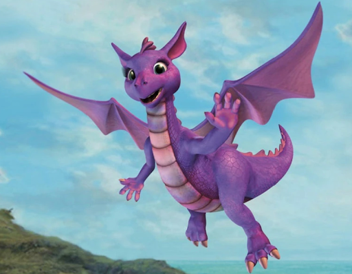 A photo of the purple animated dragon from the movie Barbie as Rapunzel. The dragon is in the air, smiling. 