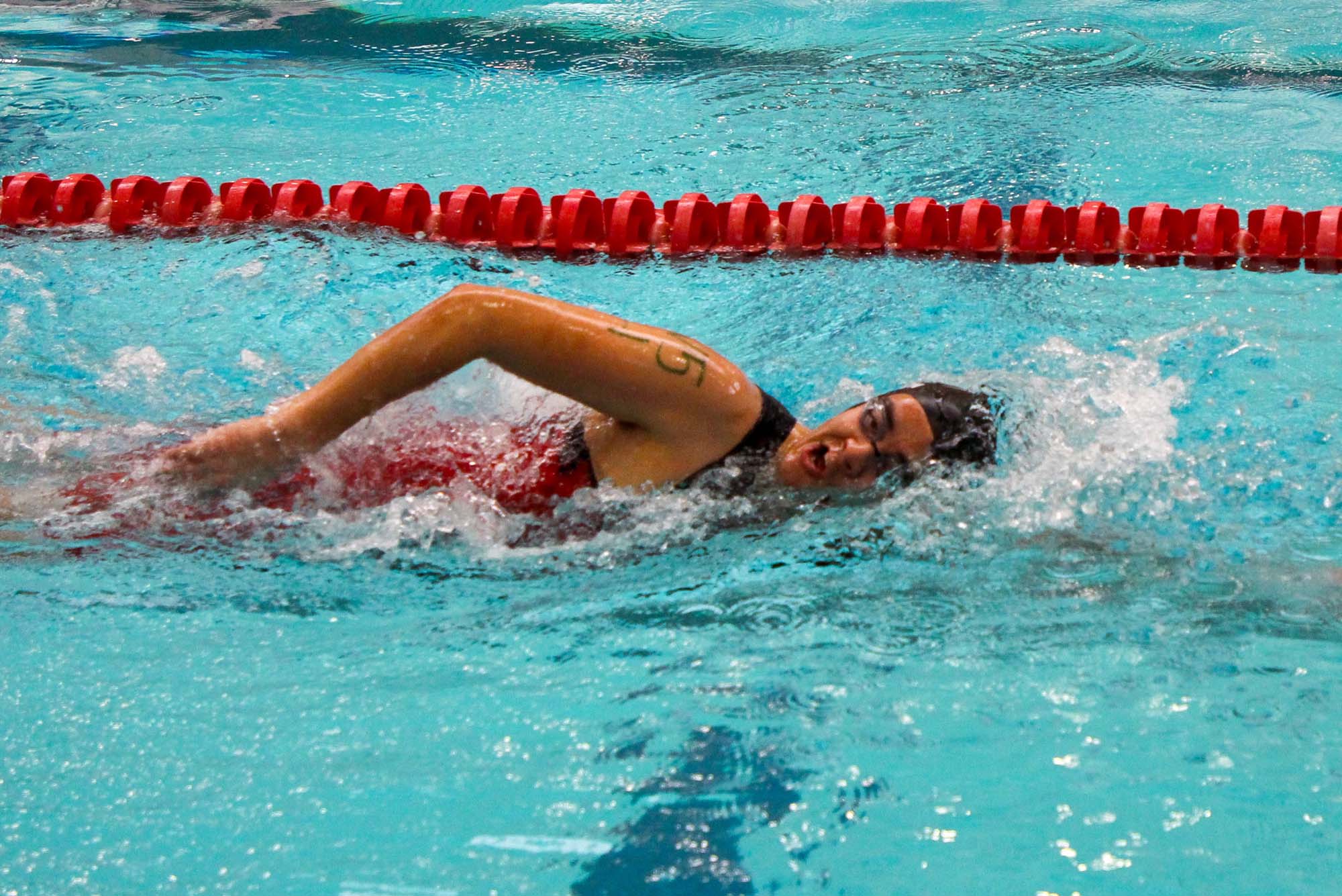 Photo: Colin Kunze (BU PhD Student, Biomedical Eng.) takes a breath as he glides through the water to complete the 250 yard swim for the Try-a-Tri, a mini triathlon hosted by BU's Triathlon Team 2月 17 sat FitRec.
