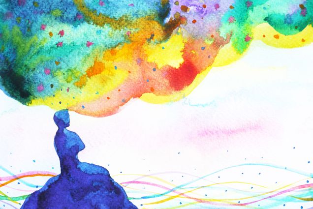 Illustration of a person sitting on a rock, with a large wave of rainbow colors coming out of their head