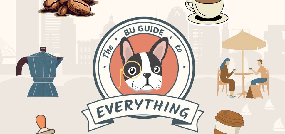Illustration of a Boston terrier in the center of a red circle with text surround reading "The BU Guide to Everything". There are vector images of coffee mugs and beans next to the dog