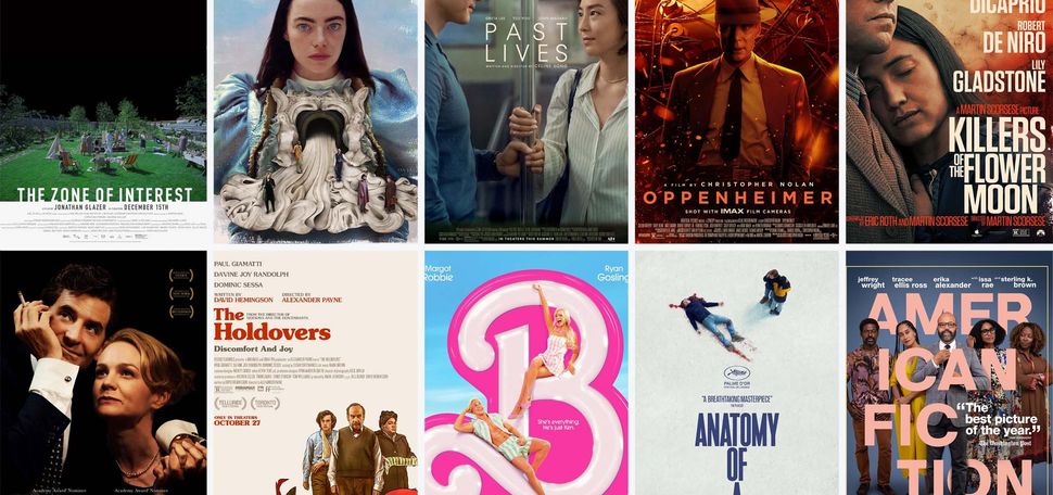 Composite image of 10 different movie posters. The movies shown are Oppenheimer; Barbie; Killers of the Flower Moon; Poor Things; The Holdovers; Past Lives; "American Fiction; Maestro; Anatomy of a Fall; The Zone of Interest.