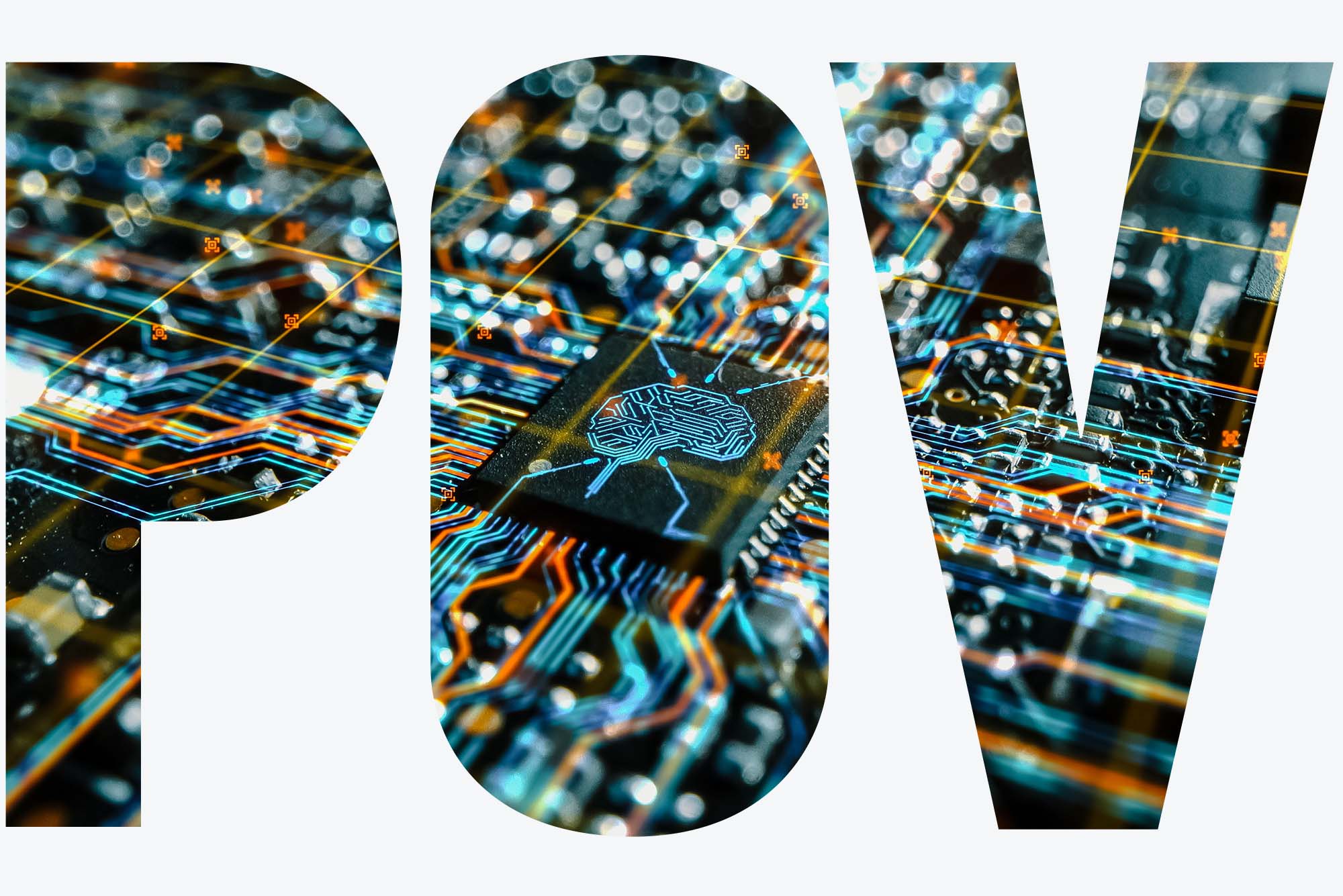 Illustration of AI concept, with a brain on a computer chip. The letters "POV" outline the image