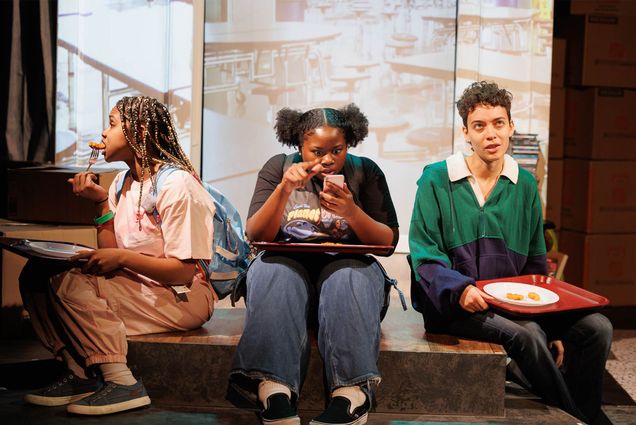 Schanaya Barrows as Chloe, Sydney Jackson (CFA’26) as Dailyn, and Asilinn Brophy as Nat in Kirsten Greenidge’s Morning, Noon, and Night, a Company One production with Boston University. Photo by Ken Yotsukura