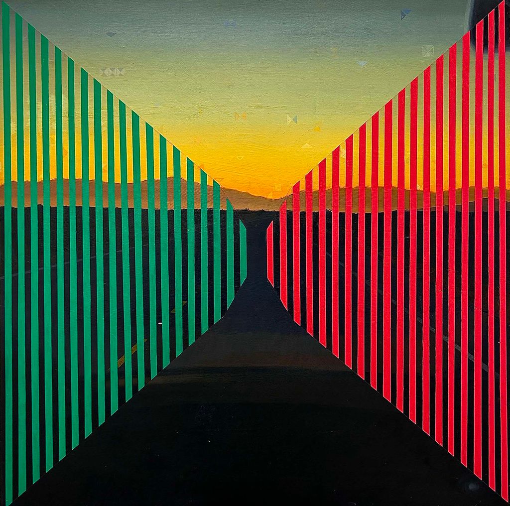 Photo: A painting of a traditional landscape, a sunset defining the top. On the left, green lines repeat until the middle and on the right, red lines mirror the green.