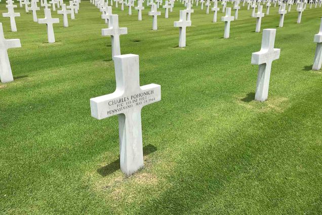 Photo: A POV overlay on top of a picture of a headstone in a cemetery.