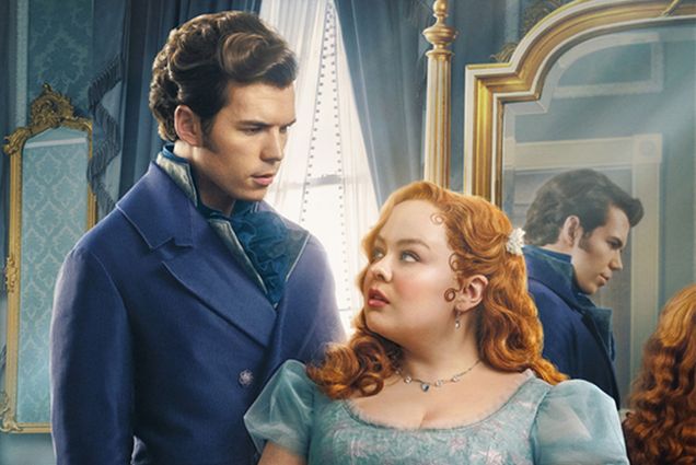 Photo: Two characters from the Netflix show Bridgerton, in historical dress from the 1700s.