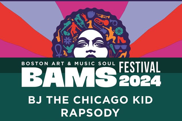Poster for the annual Boston Art Music & Soul Festival, featuring a woman with a colorful afro and text reading "BAMS Festival 2024. BJ The Chicago Kid. Rapsody."