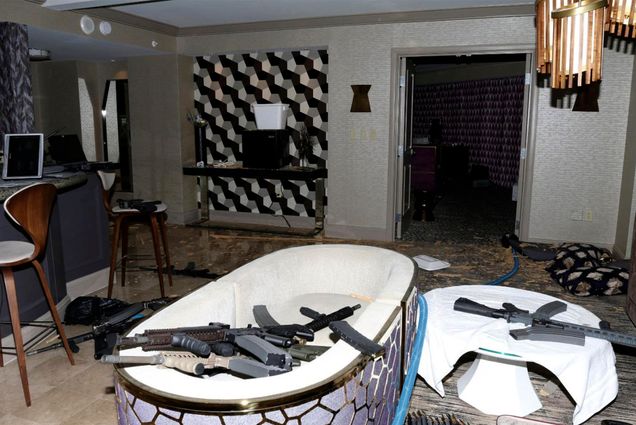 The interior of Las Vegas shooter Stephen Paddock's 32nd floor room of the Mandalay Bay hotel, showing many of the guns he used to massacre 60 people at a country music festival on October 23, 2017. Photo by Las Vegas Metropolitan Police Department via AP