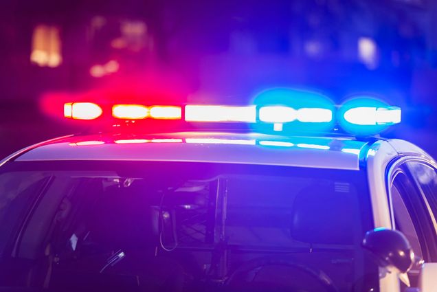 Photo: The roof of a police patrol car at night, with the blue and red lights flashing.