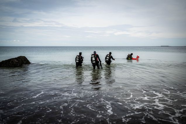 Photo: A group of divers in scuba gear wade out into the ocean on a cloudy day in Rockport, Massachusetts
