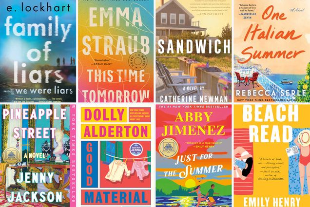 8 colorful book covers arranged in a grid, some of the books included are Family of Liars, This Time Tomorrow, and Sandwich.