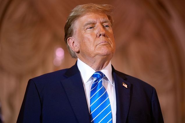 Photo: A picture of former President Donald Trump wearing a suit and blue tie