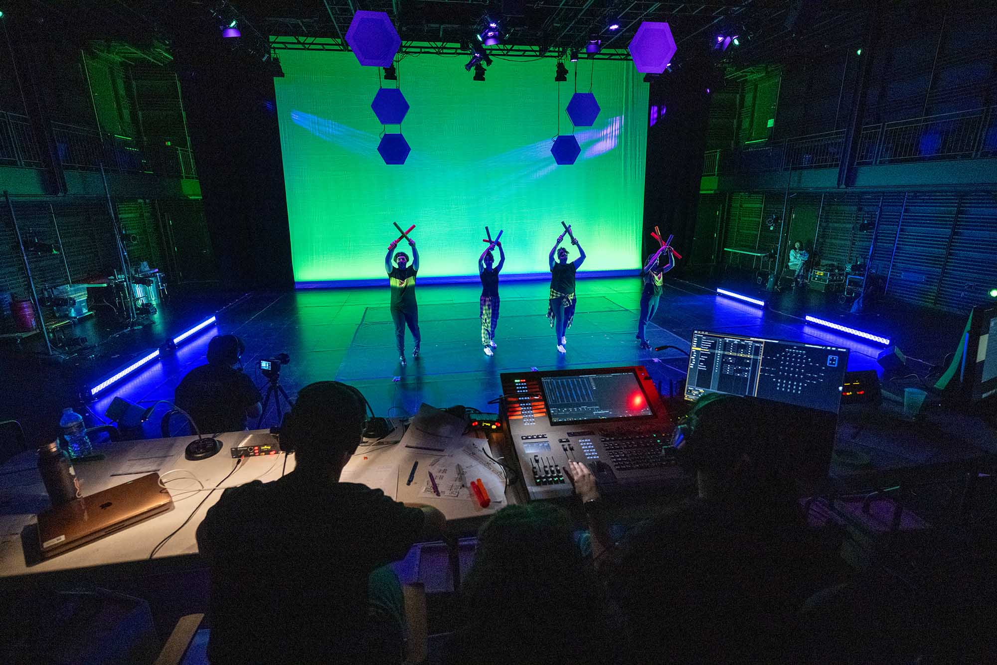 Photo: At the completion of the program, the Brighter Boston team records STOMP performances in the set they built and lit
