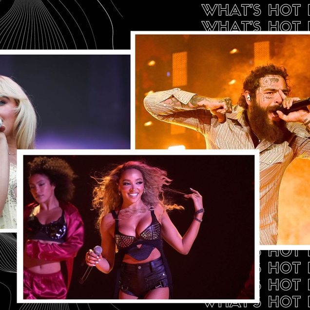 Photo: A collage of three different artists on a black background. Sabrina Carpenter, a blonde white woman sings. In the center, a black woman with long hair wears a bustier and smiles while performing. On far right, a white man, Post Malone, sings into his mic.