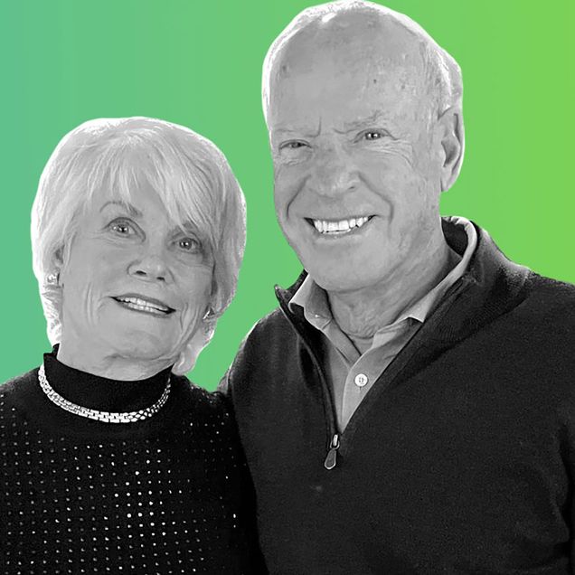 Photo: A couple in black and white overlay with a radiant green background.