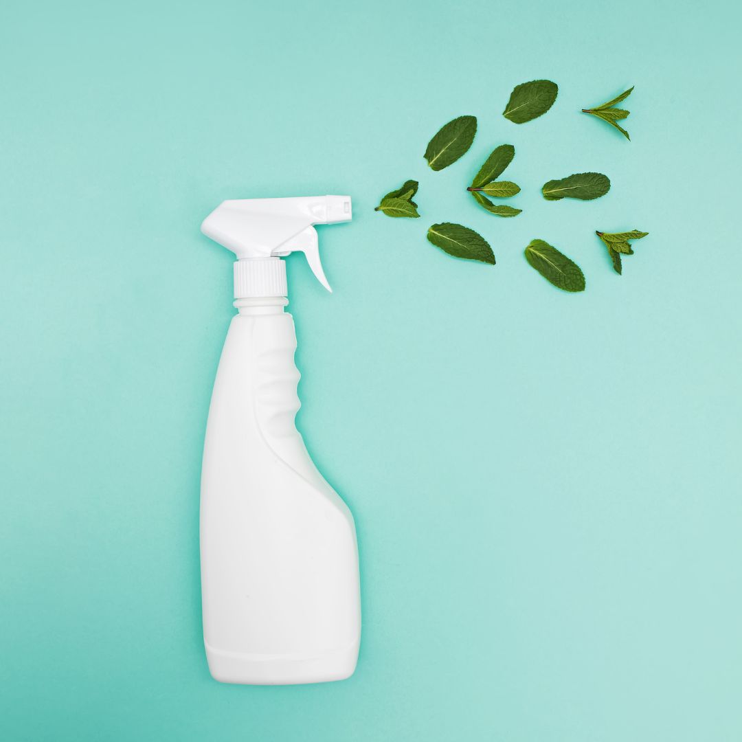 Photo: Detergent spray bottle on a green background with fresh mint leaves.
