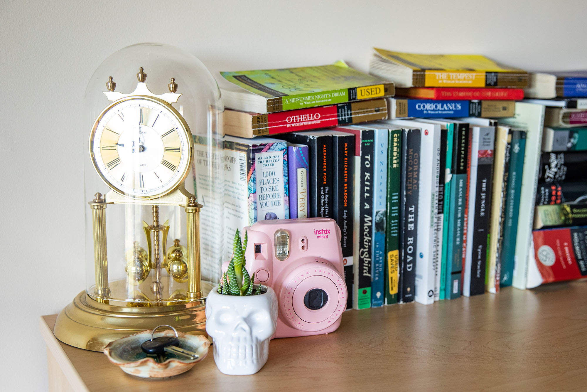 Photo: A picture of the top of a dresser with a row of books, antique-looking clock, polaroid camera, and a succulent in a skull pot.