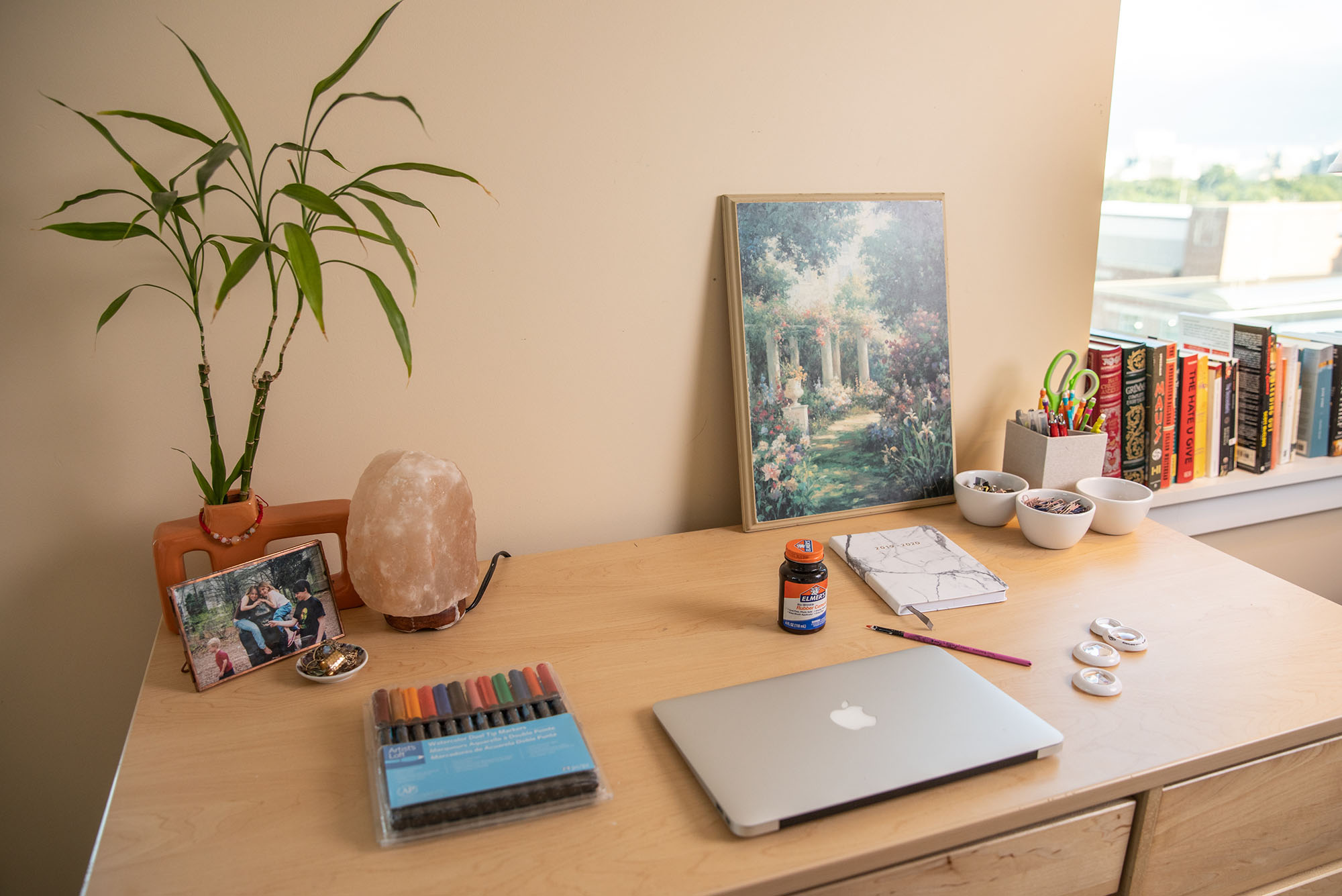 Photo: A picture of a tidy desk with a plant, salt lamp, markers, laptop, and a painting propped up against the wall
