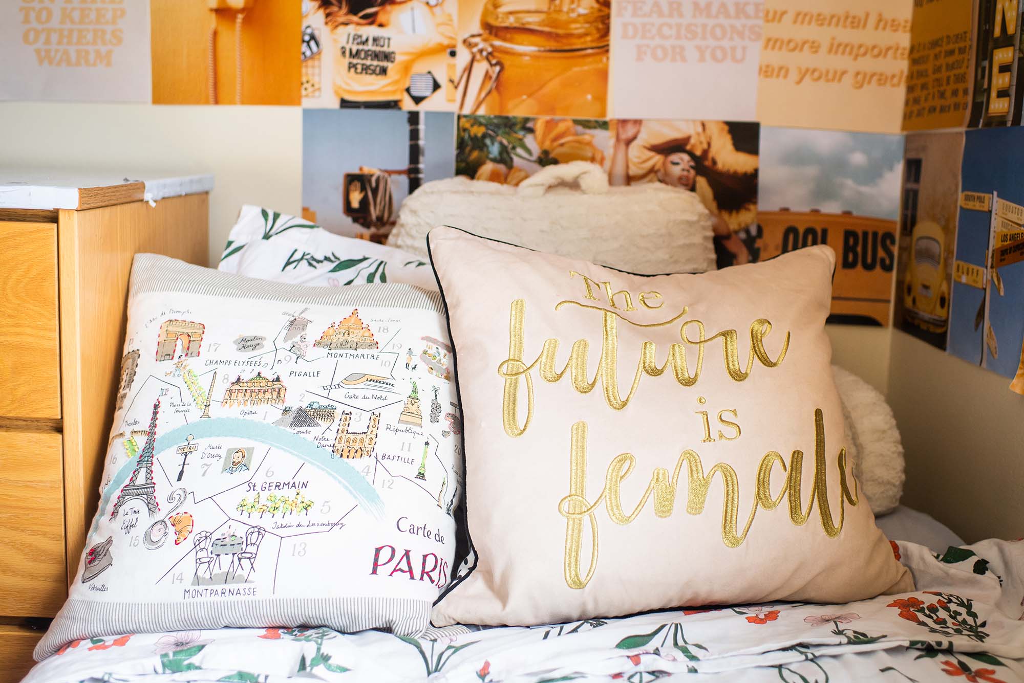Photo: A picture of a bed with many throw pillows, including one with a map of Paris and another that syas "the future is female"