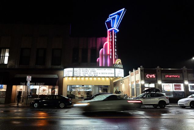 Photo: The Coolidge Corner Theater lit up at nighttime