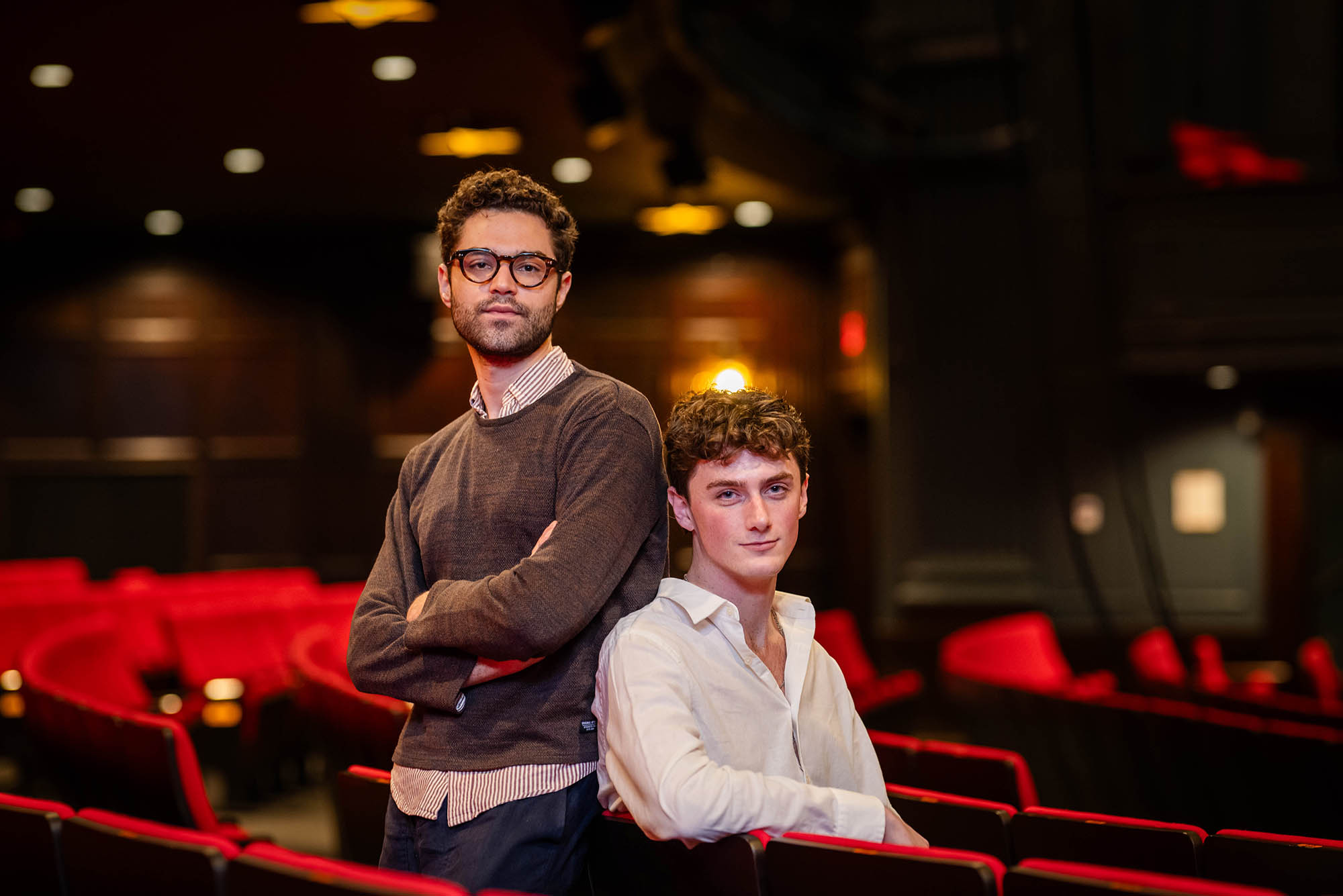 Photo: Mishka Yarovoy (CFA'23)(left) and Jacob Schmitt (CFA'24) pose for a photo at the Huntington Theater