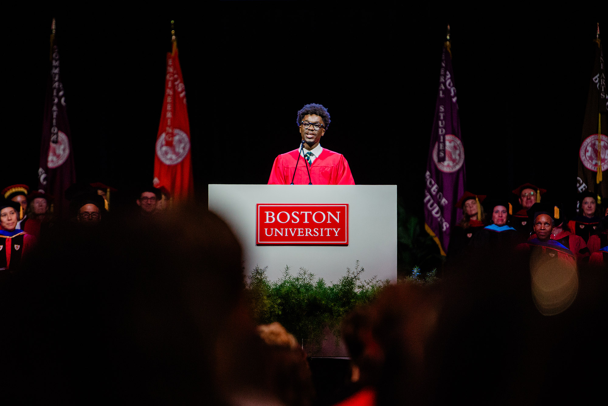 Photo: A close shot of the student speaker at BU's 2024 Matriculation