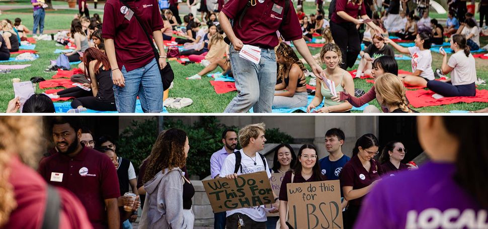 Image: A collage image of BU's RA strike during Move-in. The top photo has two RA's handing out leaflets to people on the BU Beach. The bottom photo are a group of RA's standing on Marsh Plaza getting ready to march.