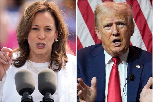 Photo: A composite image of Kamala Harris in a white blouse and blazer speaking at a podium on the left with a photo of Trump in a navy blazer and red tie speaking at a podium on the right.