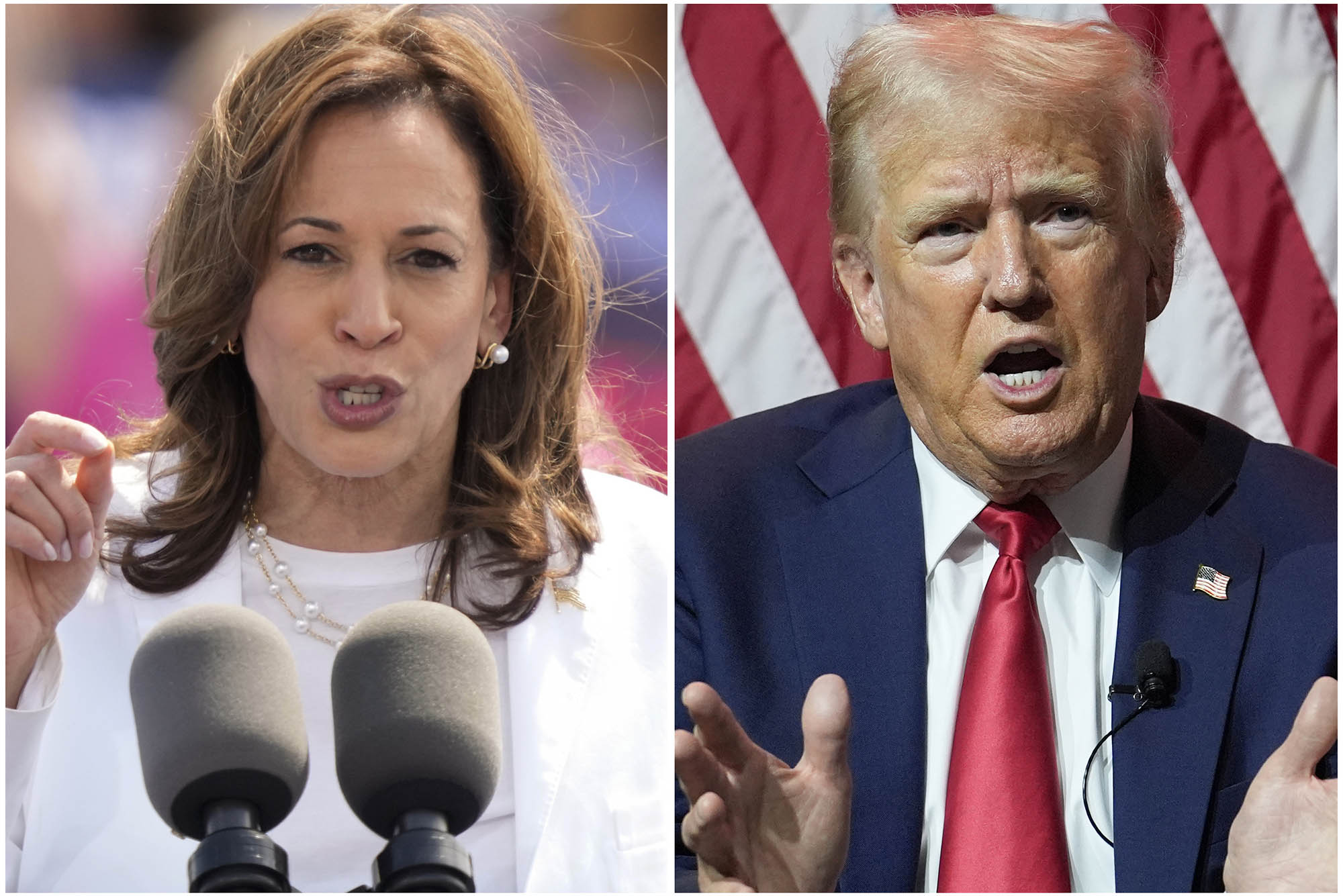 Photo: A composite image of Kamala Harris in a white blouse and blazer speaking at a podium on the left with a photo of Trump in a navy blazer and red tie speaking at a podium on the right.