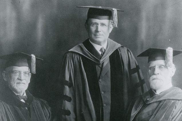 Former BU Presidents William F. Warren (1873-1903) (left), Lemuel Herbert Merlin (1911-1924), and William Edwards Huntington (1904-1911) in 1918
